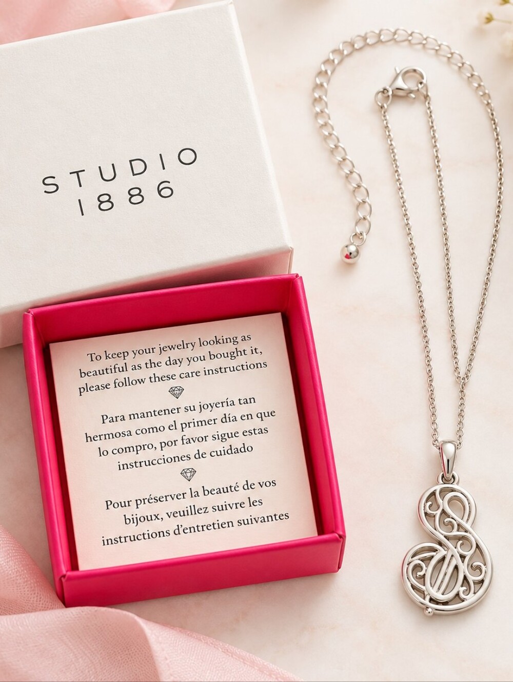 Avon Studio 1886 Filigree Initial S Silver Tone Necklace NIB